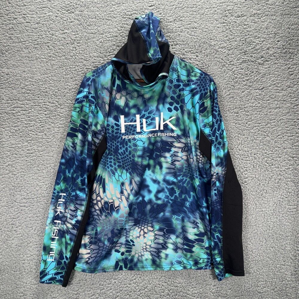 Huk Icon Performance Fishing Mens M Lightweight Sun Hoodie Kryptek Camo Blue